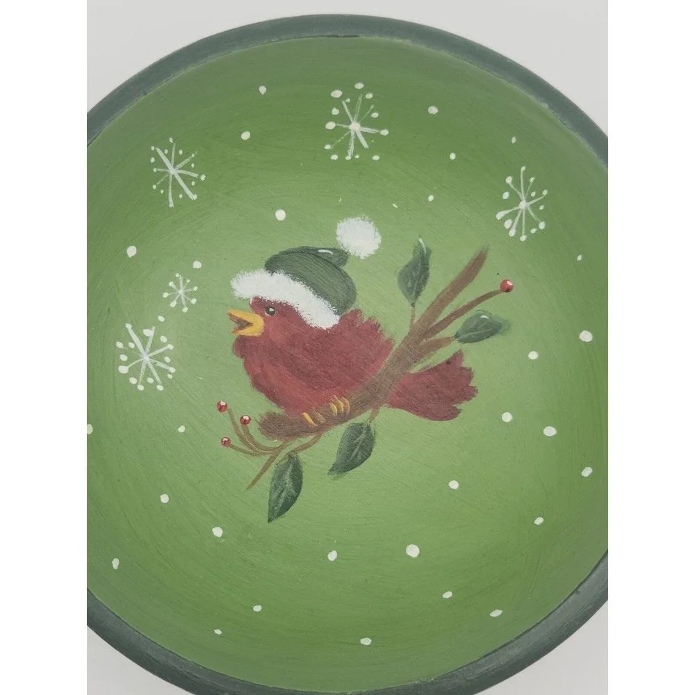 Wooden Bowl Hand Painted Christmas Cardinal Bird Santa Hat 6